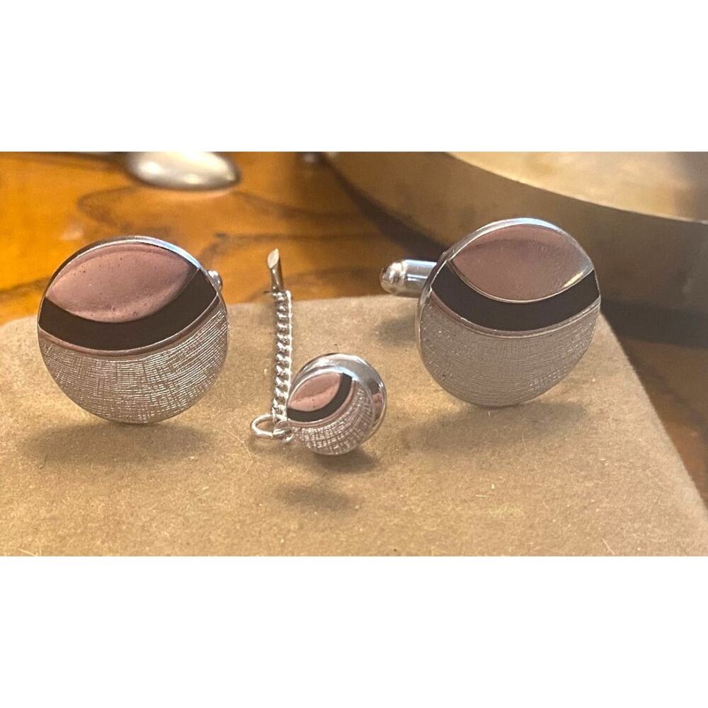 VTG Anson Silver Tone and Black Circle Design Cufflinks and Tie Pin